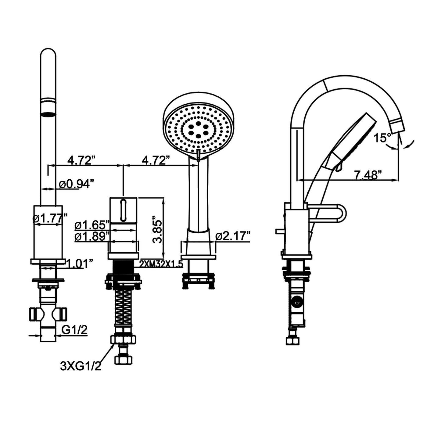 3-Hole Deck Mount Bathtub Faucet with Handheld Shower and Tub Spout JK0052