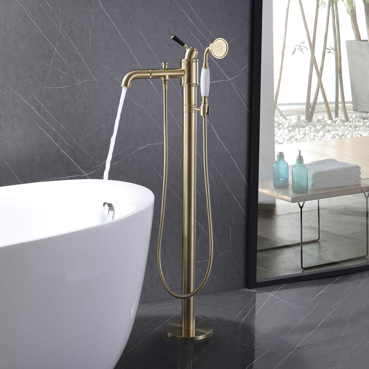 Single Handle Floor Mounted Bathtub Filler with Hand shower Brushed Gold AD7013BG