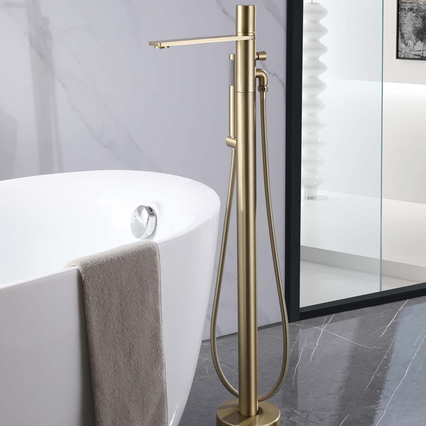 Freestanding Bathtub Faucet Brushed Gold Bath Tub Filler Faucet with Hand Shower Floor Mount JK0119