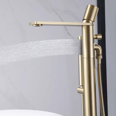 Freestanding Bathtub Faucet Brushed Gold Bath Tub Filler Faucet with Hand Shower Floor Mount JK0119