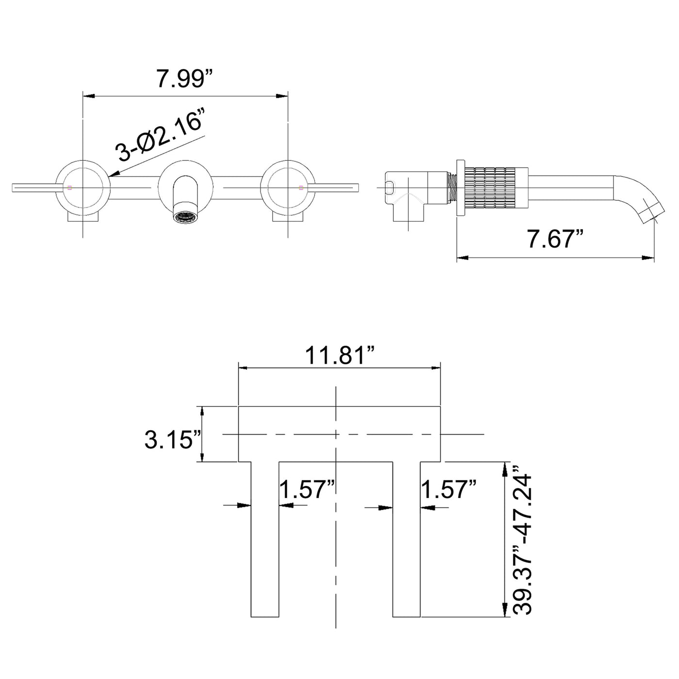 Wall Mount Faucet Solid Brass Bathroom Sink Faucet with 2 Knurled Handles JK0165