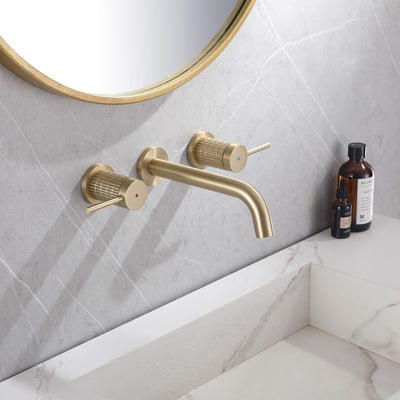 Brushed Gold Knurled 2 Handle Wall Mount Bathroom Faucet JK0166