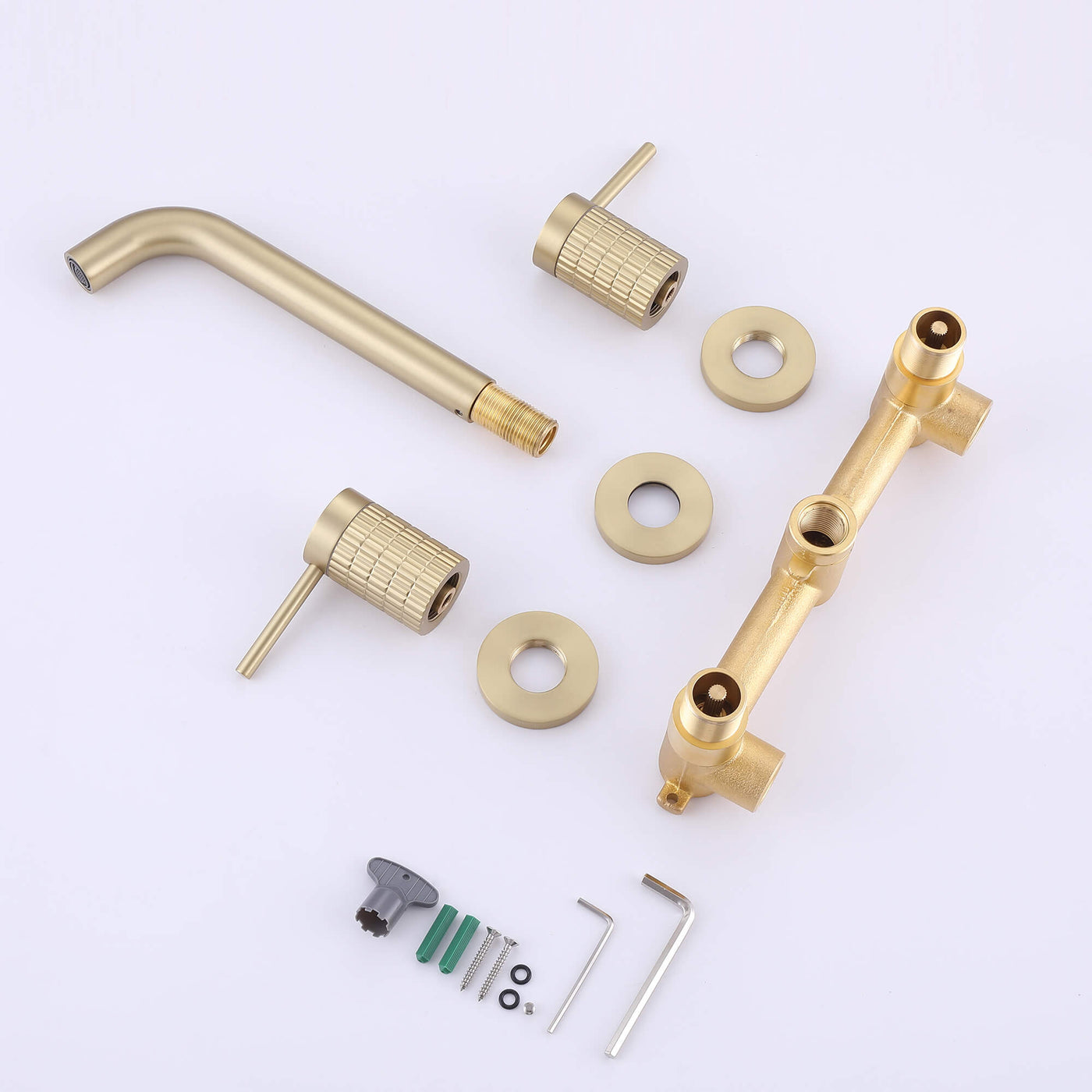 Brushed Gold Knurled 2 Handle Wall Mount Bathroom Faucet JK0166