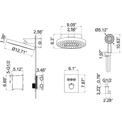 Wall Mounted Thermostatic Shower System with Push Button Diverter and Luxury 12’’ Rain Shower Head JK0185