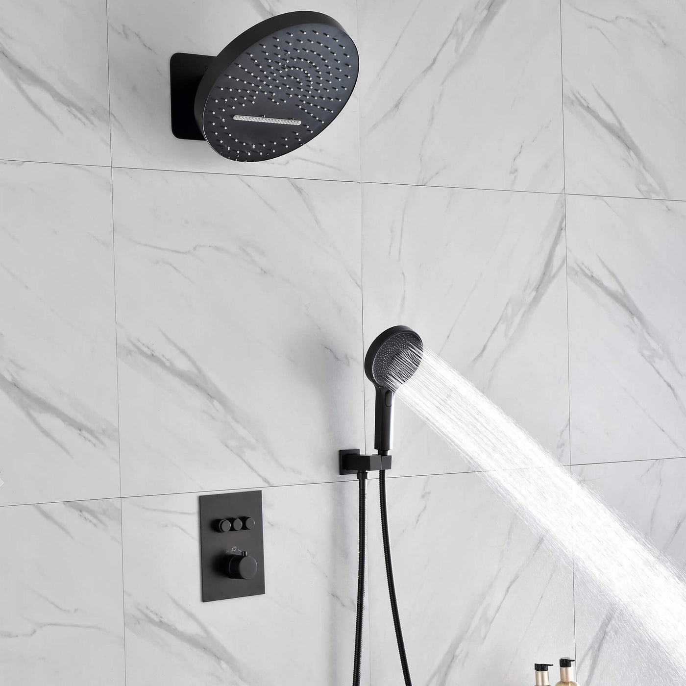 Wall Mounted Thermostatic Shower System with Push Button Diverter and Luxury 12’’ Rain Shower Head JK0185