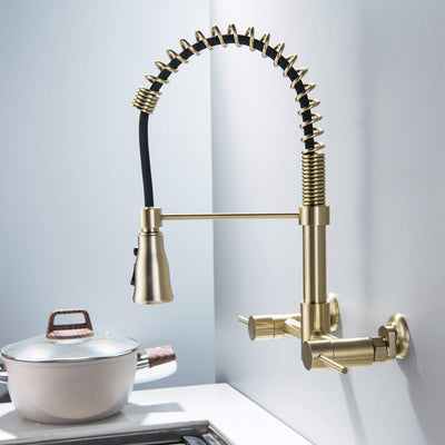 Wall Mounted Pull Down Two Handle Kitchen Faucet Brushed Gold RB1157