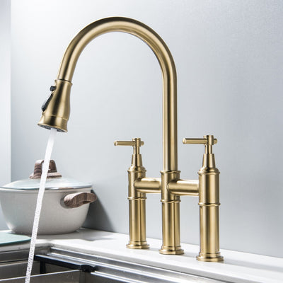 3 Hole Bridge Kitchen Faucet with Pull Down Sprayer Brushed Gold RB1175