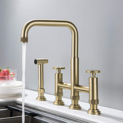 Two Handle High Arc Kitchen Faucet with Side Spray Brushed Gold RB1184