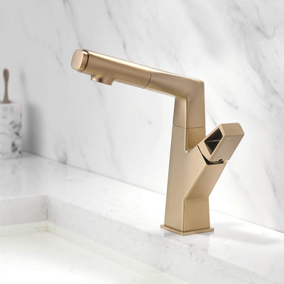 Bathroom Sink Faucet with Pull Out Sprayer Liftable Mixer Tap Brushed Gold RB1196